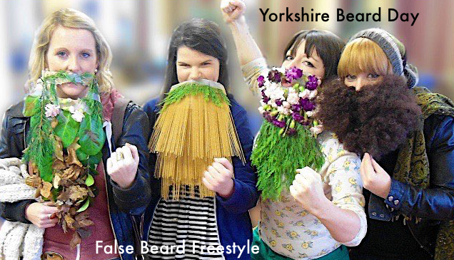 Female attendees wearing False Beards Freestyle at Yorkshire Beard Day for the annual fun and friendly beard competition run by members of The British Beatd Club
