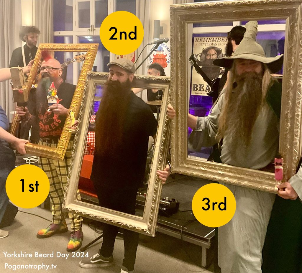 Yorkshire Beard Day 2024 top 3 beard growers holding up large gold and silver picture frames in front of their faces. In order Left to right we have…
Yorkshire Beard of the year 2024 -Neil Loggie
2nd - Shane Hedge Hazelgrave
3rd - John ‘Gandalf’ Dixon